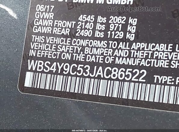 WBS4Y9C53JAC86522 2018 BMW M4 Серый 