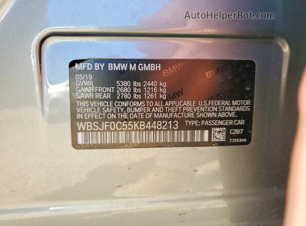 WBSJF0C55KB448213 2019 BMW M5 Gray VIN კოდის სტიკერის ხედი