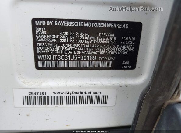 WBXHT3C31J5F90169 2018 BMW X1 White Շարժիչի բաժամունքի տեսք