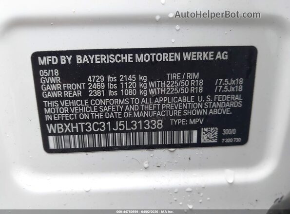 WBXHT3C31J5L31338 2018 BMW X1 White 