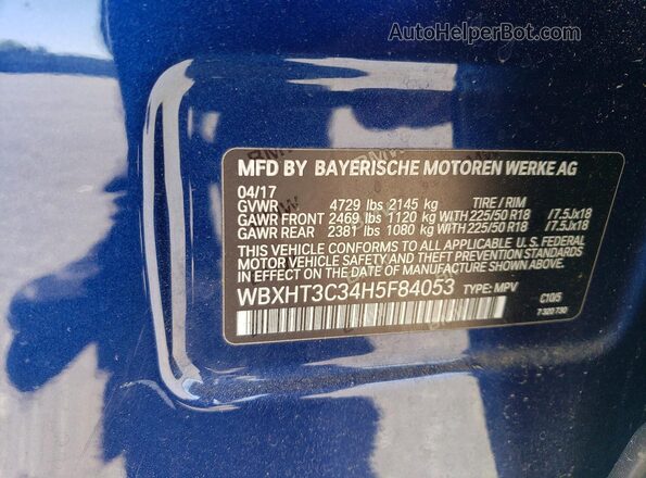 WBXHT3C34H5F84053 2017 BMW X1 Blue VIN კოდის სტიკერის ხედი