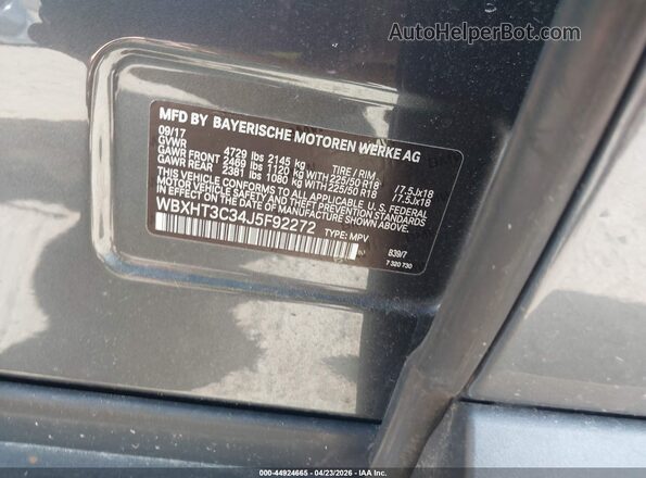 WBXHT3C34J5F92272 2018 BMW X1 Gray Вид підкапотного простору