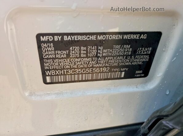 WBXHT3C35G5E56192 2016 BMW X1 White VIN კოდის სტიკერის ხედი