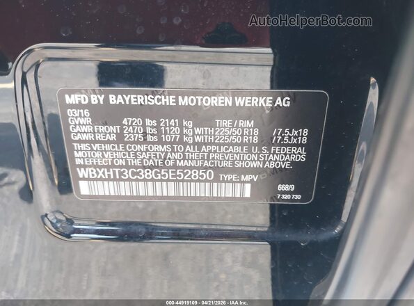 WBXHT3C38G5E52850 2016 BMW X1 Black Widok komory silnika