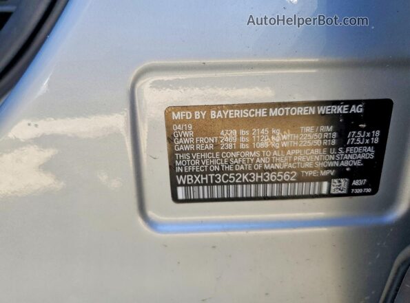 WBXHT3C52K3H36562 2019 BMW X1 Silver VIN sticker view