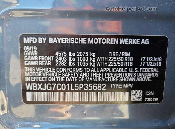 WBXJG7C01L5P35682 2020 BMW X1 Серый Вид наклейки с VIN-кодом