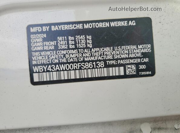 WBY43AW00RFS86138 2024 BMW I4 White VIN կոդի պիտակի տեսք