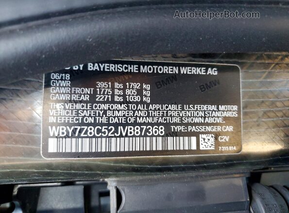 WBY7Z8C52JVB87368 2018 BMW I3 Gray Vista de la etiqueta del VIN