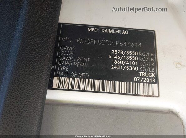 WD3PE8CD3JP645614 2018 MERCEDES-BENZ SPRINTER White ძრავის განყოფილების ხედი