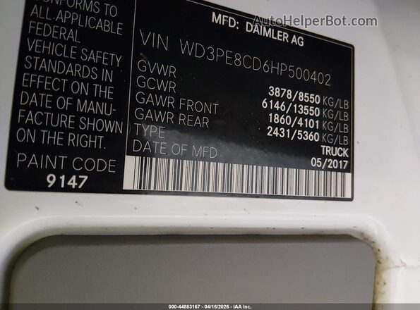 WD3PE8CD6HP500402 2017 MERCEDES-BENZ SPRINTER White Vista del compartimento del motor