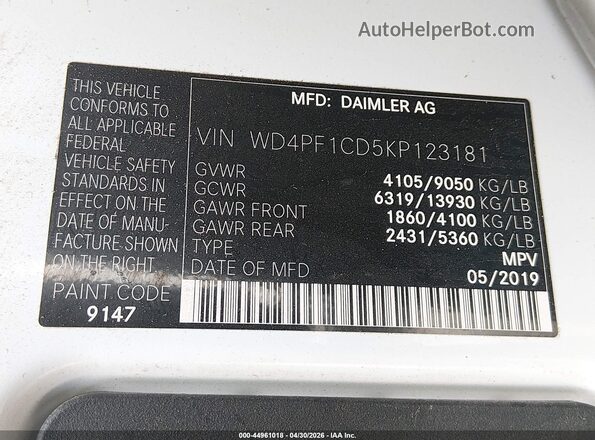 WD4PF1CD5KP123181 2019 MERCEDES-BENZ SPRINTER White ძრავის განყოფილების ხედი