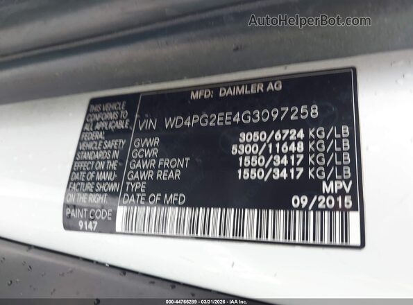WD4PG2EE4G3097258 2016 MERCEDES-BENZ METRIS White Vista del compartimento del motor