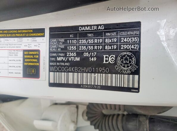 WDC0G4KB2HV011950 2017 MERCEDES-BENZ GLC-CLASS Белый Вид наклейки с VIN-кодом