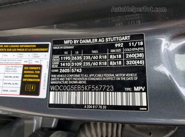 WDC0G5EB5KF567723 2019 MERCEDES-BENZ GLC-CLASS Gray Вид наклейки з VIN-кодом
