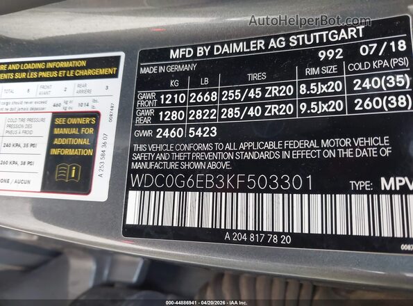 WDC0G6EB3KF503301 2019 MERCEDES-BENZ AMG GLC 43 Gray Widok komory silnika