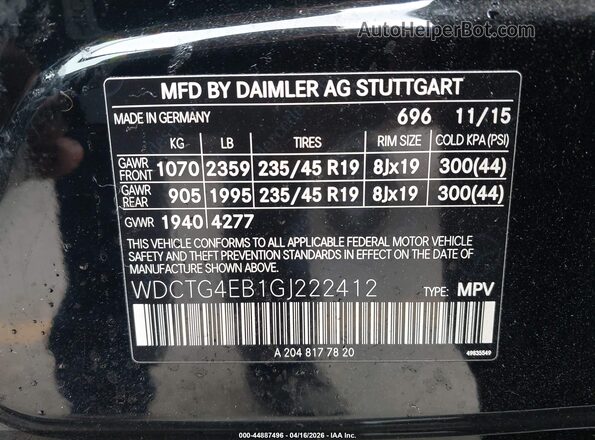 WDCTG4EB1GJ222412 2016 MERCEDES-BENZ GLA 250 Black Widok komory silnika