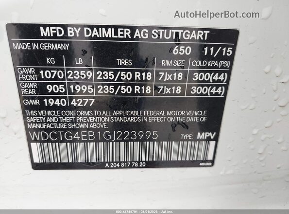 WDCTG4EB1GJ223995 2016 MERCEDES-BENZ GLA 250 White Շարժիչի բաժամունքի տեսք