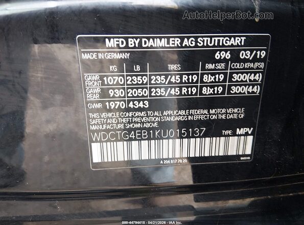 WDCTG4EB1KU015137 2019 MERCEDES-BENZ GLA 250 Black 