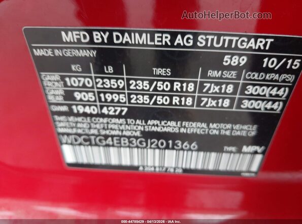 WDCTG4EB3GJ201366 2016 MERCEDES-BENZ GLA 250 Red Շարժիչի բաժամունքի տեսք