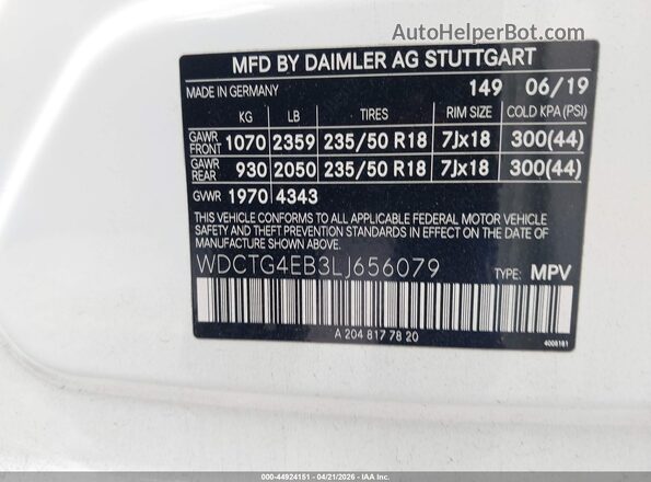 WDCTG4EB3LJ656079 2020 MERCEDES-BENZ GLA 250 White Вид підкапотного простору