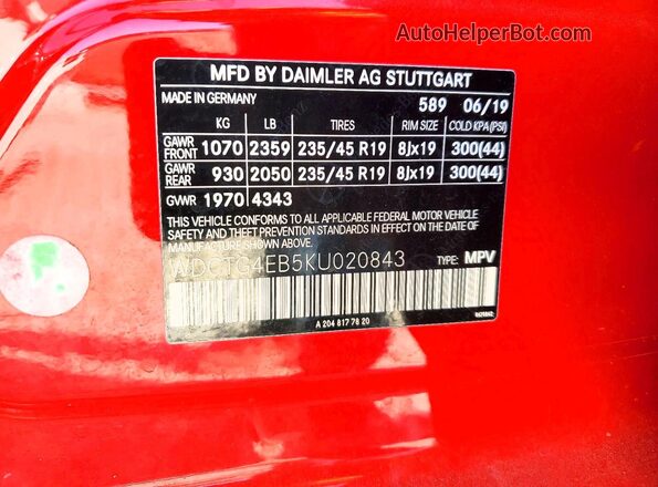WDCTG4EB5KU020843 2019 MERCEDES-BENZ GLA Красный 
