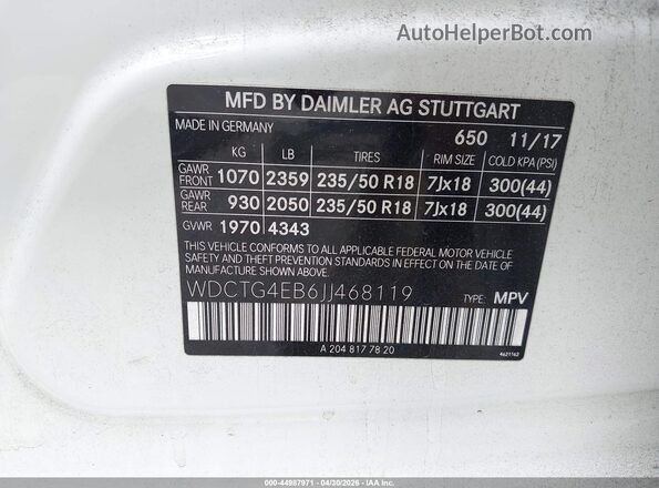 WDCTG4EB6JJ468119 2018 MERCEDES-BENZ GLA 250 White Շարժիչի բաժամունքի տեսք