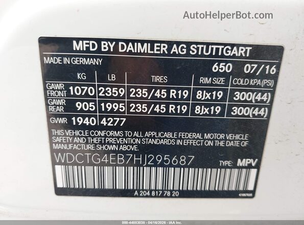 WDCTG4EB7HJ295687 2017 MERCEDES-BENZ GLA 250 White Շարժիչի բաժամունքի տեսք