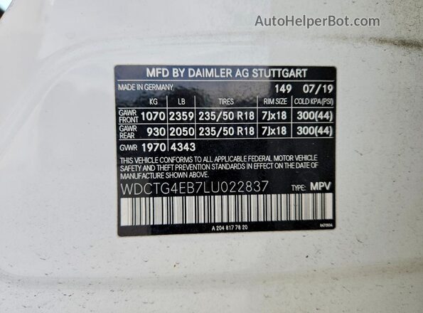 WDCTG4EB7LU022837 2020 MERCEDES-BENZ GLA White VIN კოდის სტიკერის ხედი