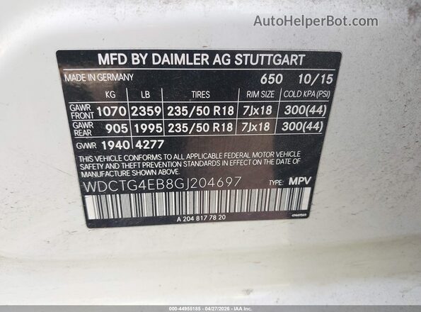 WDCTG4EB8GJ204697 2016 MERCEDES-BENZ GLA 250 White Vista del compartimento del motor