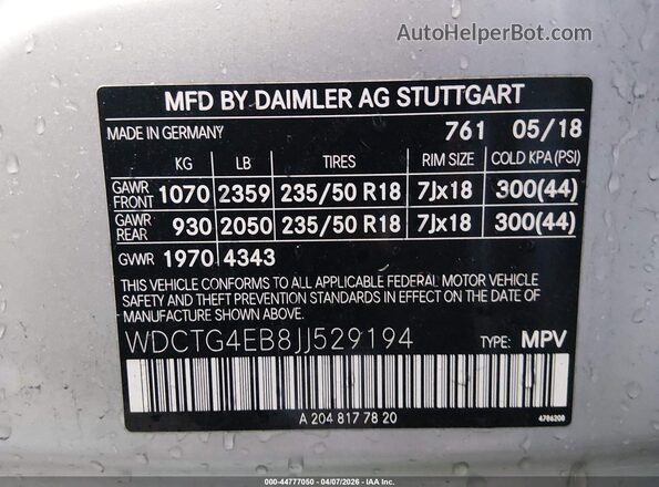 WDCTG4EB8JJ529194 2018 MERCEDES-BENZ GLA 250 Silver 