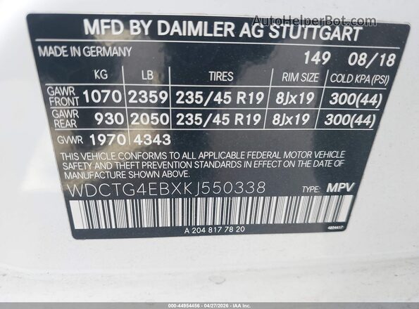 WDCTG4EBXKJ550338 2019 MERCEDES-BENZ GLA 250 White Widok komory silnika