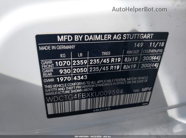 WDCTG4EBXKU009594 2019 MERCEDES-BENZ GLA 250 White Engine compartment view
