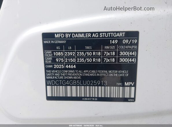 WDCTG4GB5LU025913 2020 MERCEDES-BENZ GLA 250 White Շարժիչի բաժամունքի տեսք