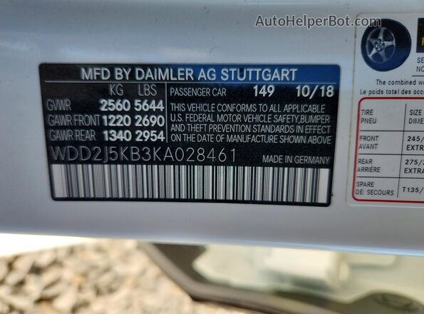WDD2J5KB3KA028461 2019 MERCEDES-BENZ CLS-CLASS Белый Вид наклейки с VIN-кодом
