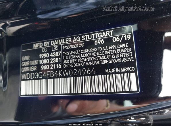 WDD3G4EB4KW024964 2019 MERCEDES-BENZ A 220 Black 