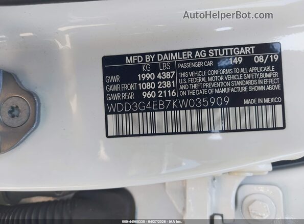 WDD3G4EB7KW035909 2019 MERCEDES-BENZ A 220 White Շարժիչի բաժամունքի տեսք