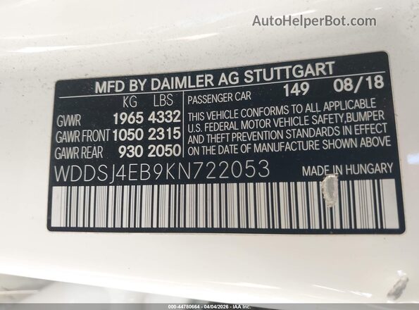 WDDSJ4EB9KN722053 2019 MERCEDES-BENZ CLA 250 White 