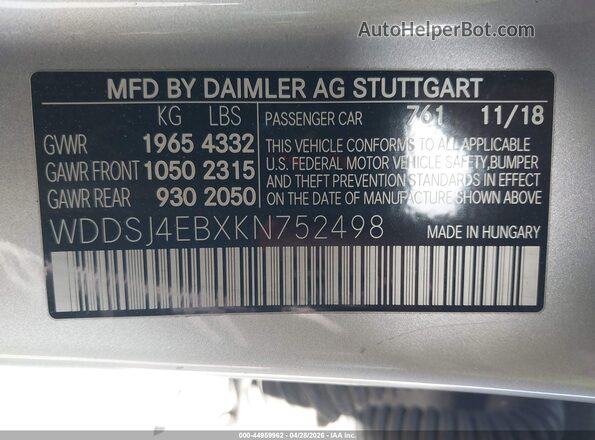 WDDSJ4EBXKN752498 2019 MERCEDES-BENZ CLA 250 Silver Շարժիչի բաժամունքի տեսք