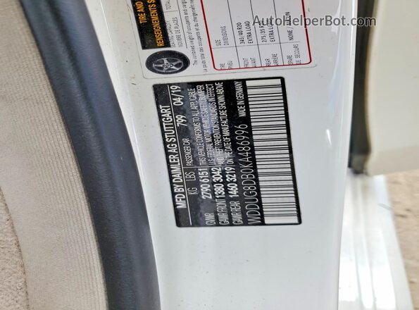 WDDUG8DB0KA486996 2019 MERCEDES-BENZ S White Widok naklejki z numerem VIN