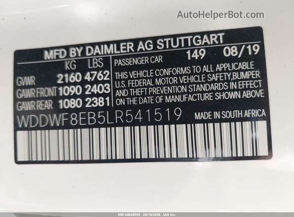 WDDWF8EB5LR541519 2020 MERCEDES-BENZ C-CLASS White Widok komory silnika