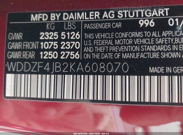WDDZF4JB2KA608070 2019 MERCEDES-BENZ E-CLASS Красный Вид подкапотного пространства