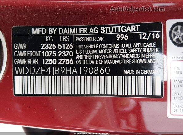 WDDZF4JB9HA190860 2017 MERCEDES-BENZ E-CLASS Red Vista del compartimento del motor