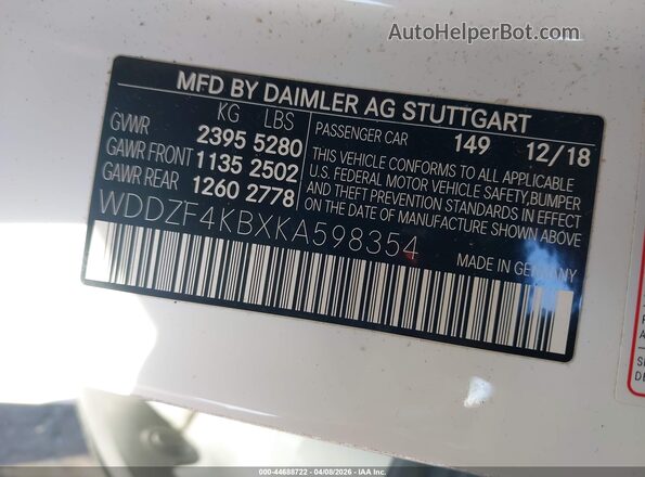 WDDZF4KBXKA598354 2019 MERCEDES-BENZ E-CLASS White 