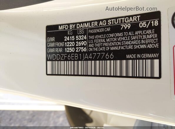 WDDZF6EB1JA477766 2018 MERCEDES-BENZ AMG E 43 White Вид підкапотного простору