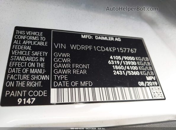 WDRPF1CD4KP157767 2019 FREIGHTLINER SPRINTER 2500 White Engine compartment view