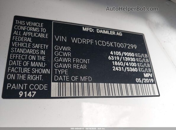 WDRPF1CD5KT007299 2019 FREIGHTLINER SPRINTER 2500 White Engine compartment view