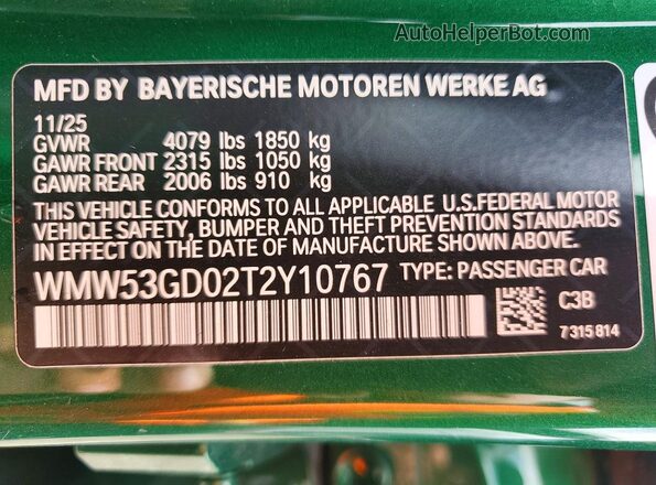 WMW53GD02T2Y10767 2026 MINI COOPER Green VIN კოდის სტიკერის ხედი