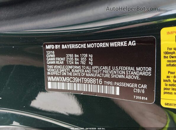WMWXM9C39HT998816 2017 MINI HARDTOP Green Vista del compartimento del motor