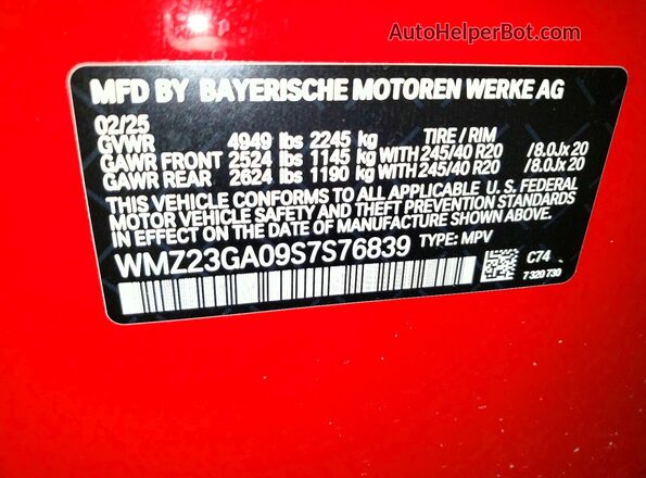 WMZ23GA09S7S76839 2025 MINI COUNTRYMAN Red VIN კოდის სტიკერის ხედი