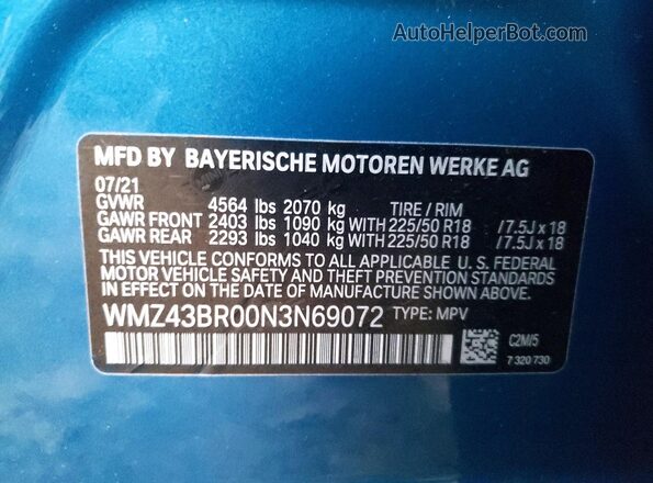 WMZ43BR00N3N69072 2022 MINI COOPER Синий Вид наклейки с VIN-кодом